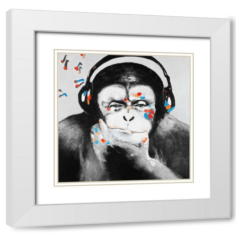 Monkey with Headphones White Modern Wood Framed Art Print with Double Matting by Atelier B Art Studio
