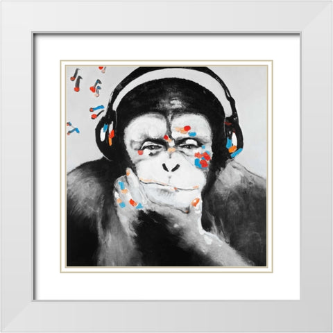 Monkey with Headphones White Modern Wood Framed Art Print with Double Matting by Atelier B Art Studio