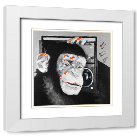 Monkey Listening to Radio White Modern Wood Framed Art Print with Double Matting by Atelier B Art Studio