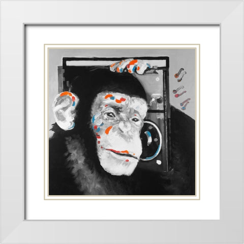 Monkey Listening to Radio White Modern Wood Framed Art Print with Double Matting by Atelier B Art Studio
