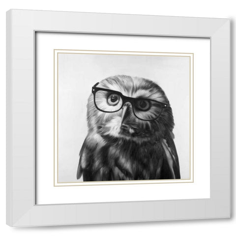 Realistic Northern Saw-whet Owl with Glasses White Modern Wood Framed Art Print with Double Matting by Atelier B Art Studio