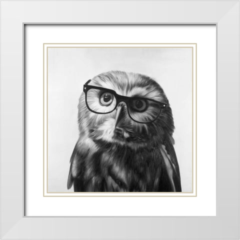 Realistic Northern Saw-whet Owl with Glasses White Modern Wood Framed Art Print with Double Matting by Atelier B Art Studio