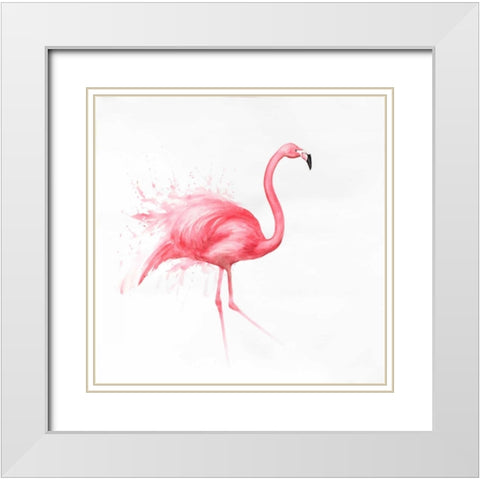 Pink Flamingo Watercolor  White Modern Wood Framed Art Print with Double Matting by Atelier B Art Studio