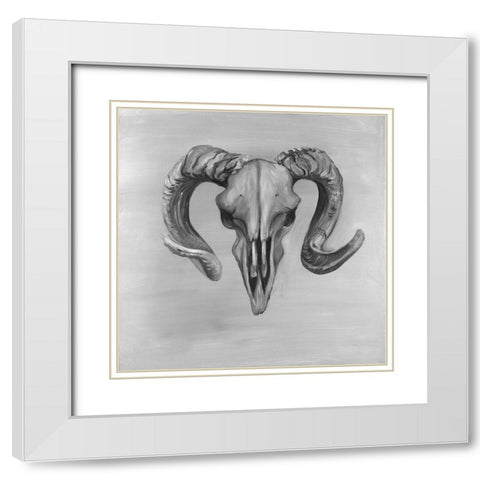 Grayscale Aries Skull White Modern Wood Framed Art Print with Double Matting by Atelier B Art Studio