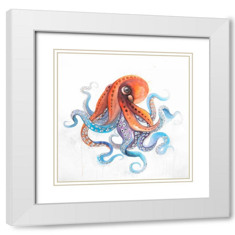 Watercolor Octupus White Modern Wood Framed Art Print with Double Matting by Atelier B Art Studio