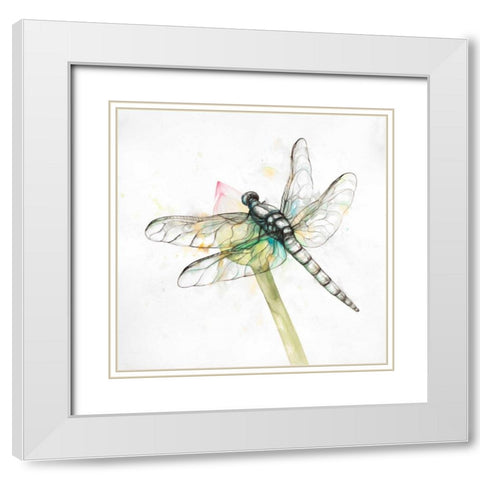 Dragonfly on a Flower Bud White Modern Wood Framed Art Print with Double Matting by Atelier B Art Studio