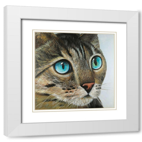Curious Cat Portrait White Modern Wood Framed Art Print with Double Matting by Atelier B Art Studio