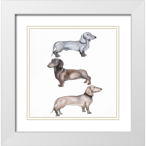 Dachshund Dogs Trio White Modern Wood Framed Art Print with Double Matting by Atelier B Art Studio
