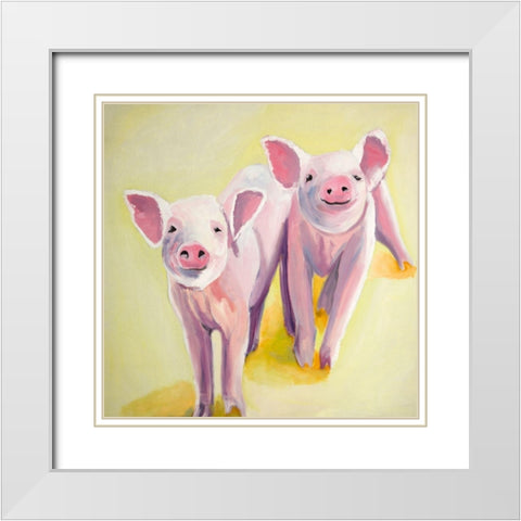 TWO SMILING PIGS White Modern Wood Framed Art Print with Double Matting by Atelier B Art Studio
