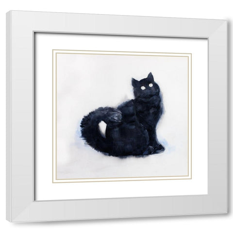 FURRY BLACK WATERCOLOR CAT White Modern Wood Framed Art Print with Double Matting by Atelier B Art Studio