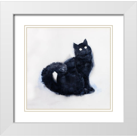 FURRY BLACK WATERCOLOR CAT White Modern Wood Framed Art Print with Double Matting by Atelier B Art Studio