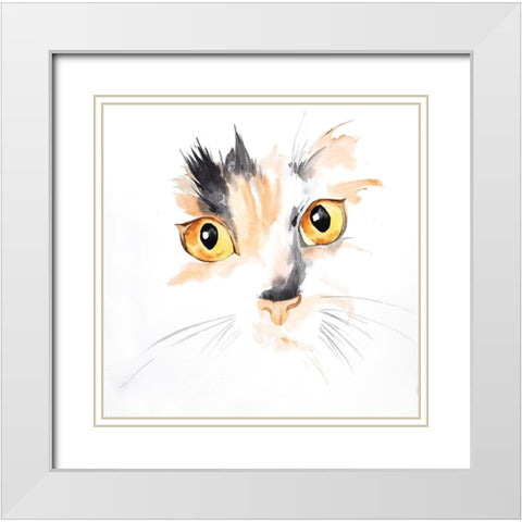 WATERCOLOR CAT FACE CLOSEUP White Modern Wood Framed Art Print with Double Matting by Atelier B Art Studio