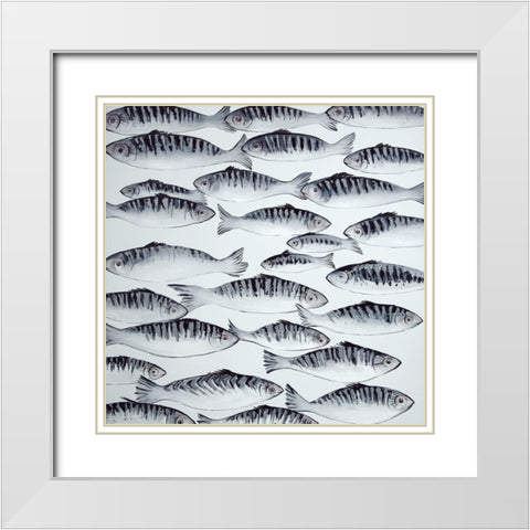 GRAY SHOAL OF FISH White Modern Wood Framed Art Print with Double Matting by Atelier B Art Studio