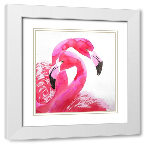 WATERCOLOR FLAMINGO LOVE White Modern Wood Framed Art Print with Double Matting by Atelier B Art Studio