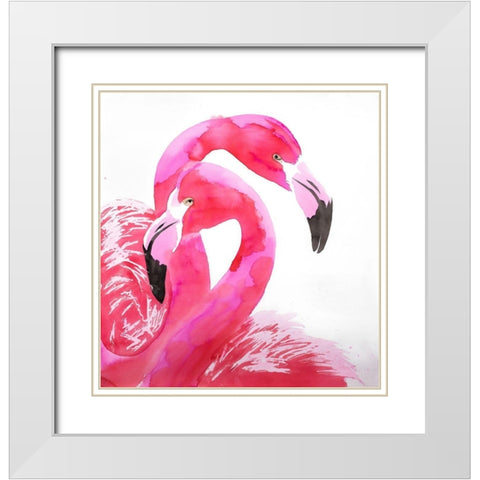 WATERCOLOR FLAMINGO LOVE White Modern Wood Framed Art Print with Double Matting by Atelier B Art Studio