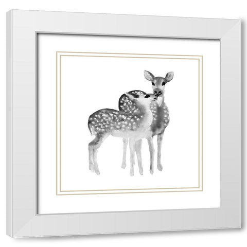BLACK AND WHITE FAWNS LOVE White Modern Wood Framed Art Print with Double Matting by Atelier B Art Studio
