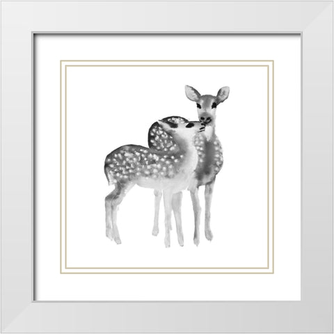 BLACK AND WHITE FAWNS LOVE White Modern Wood Framed Art Print with Double Matting by Atelier B Art Studio