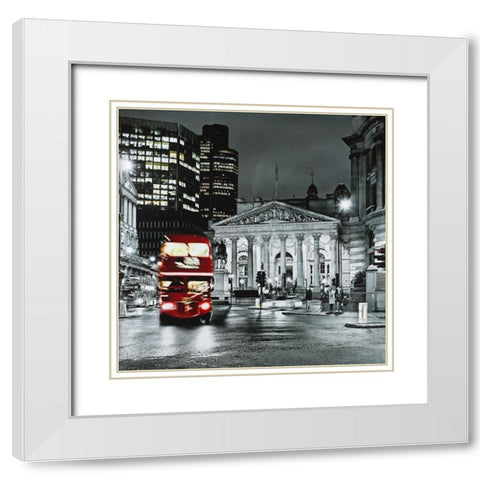 Grayscale Pantheon with red bus White Modern Wood Framed Art Print with Double Matting by Atelier B Art Studio