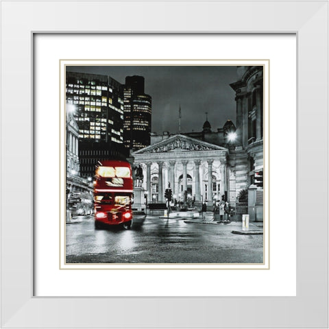 Grayscale Pantheon with red bus White Modern Wood Framed Art Print with Double Matting by Atelier B Art Studio