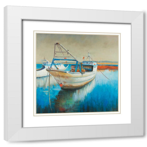 Fishing Boat White Modern Wood Framed Art Print with Double Matting by Atelier B Art Studio