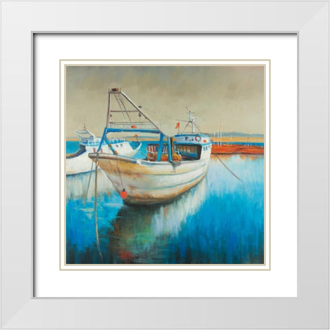 Fishing Boat White Modern Wood Framed Art Print with Double Matting by Atelier B Art Studio