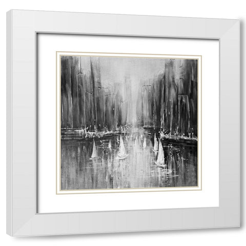 Grayscale boats on the water White Modern Wood Framed Art Print with Double Matting by Atelier B Art Studio
