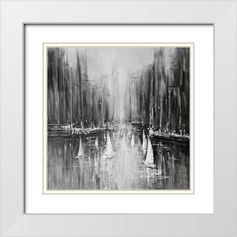Grayscale boats on the water White Modern Wood Framed Art Print with Double Matting by Atelier B Art Studio