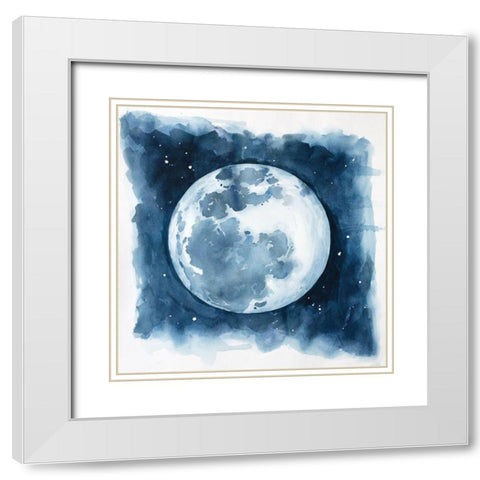 Watercolor Blue Moon White Modern Wood Framed Art Print with Double Matting by Atelier B Art Studio