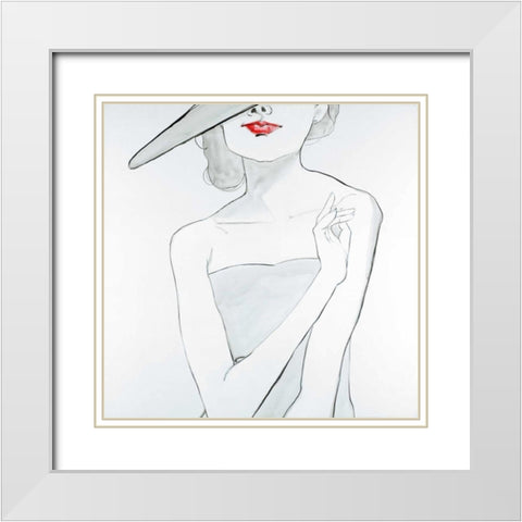Woman with Hat White Modern Wood Framed Art Print with Double Matting by Atelier B Art Studio