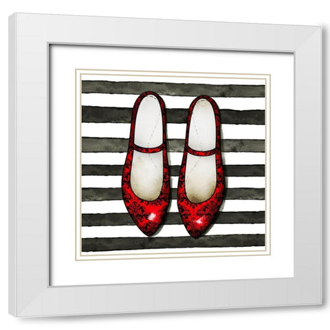 RED GLOSSY SHOES ON STRIPED BACKGROUND White Modern Wood Framed Art Print with Double Matting by Atelier B Art Studio