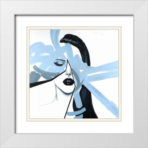 Abstract Blue Woman Portrait White Modern Wood Framed Art Print with Double Matting by Atelier B Art Studio