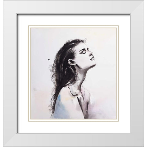 Watercolor Beautiful Woman with Raven Hair White Modern Wood Framed Art Print with Double Matting by Atelier B Art Studio