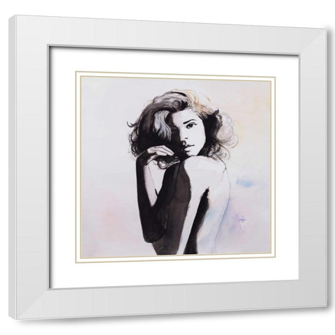 Watercolor Beautiful Young Woman White Modern Wood Framed Art Print with Double Matting by Atelier B Art Studio