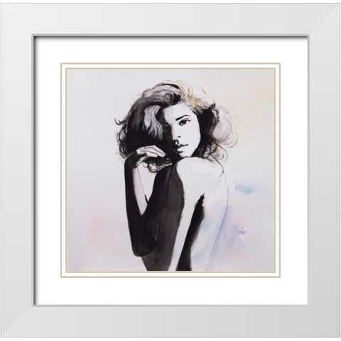 Watercolor Beautiful Young Woman White Modern Wood Framed Art Print with Double Matting by Atelier B Art Studio