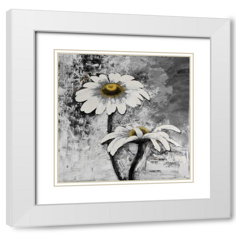 Abstract Daisies Flowers White Modern Wood Framed Art Print with Double Matting by Atelier B Art Studio