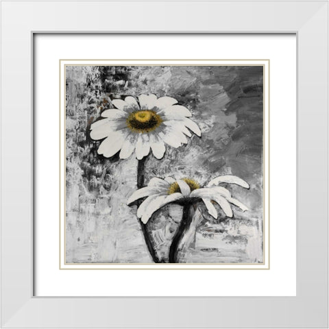 Abstract Daisies Flowers White Modern Wood Framed Art Print with Double Matting by Atelier B Art Studio
