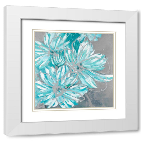 Three Little Abstract Blue Flowers White Modern Wood Framed Art Print with Double Matting by Atelier B Art Studio