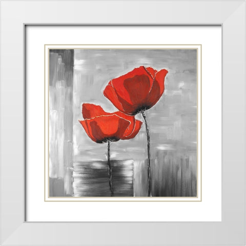 Two Red Flowers on a Grayscale Background White Modern Wood Framed Art Print with Double Matting by Atelier B Art Studio