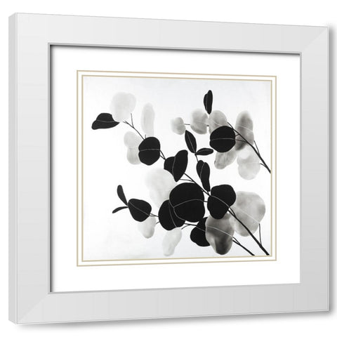 Grayscale Branches with Round Shape Leaves White Modern Wood Framed Art Print with Double Matting by Atelier B Art Studio