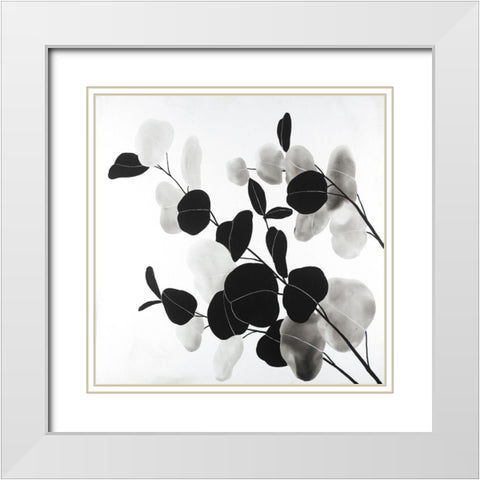 Grayscale Branches with Round Shape Leaves White Modern Wood Framed Art Print with Double Matting by Atelier B Art Studio