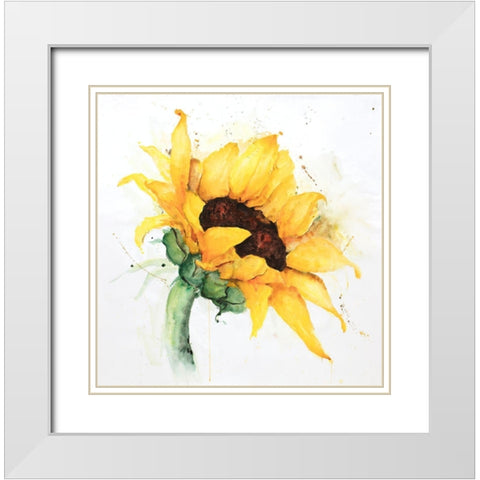 WATERCOLOR SUNFLOWER WITH PAINT SPLASH White Modern Wood Framed Art Print with Double Matting by Atelier B Art Studio
