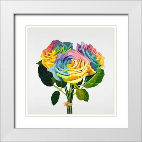 BOUQUET OF RAINBOW ROSES White Modern Wood Framed Art Print with Double Matting by Atelier B Art Studio