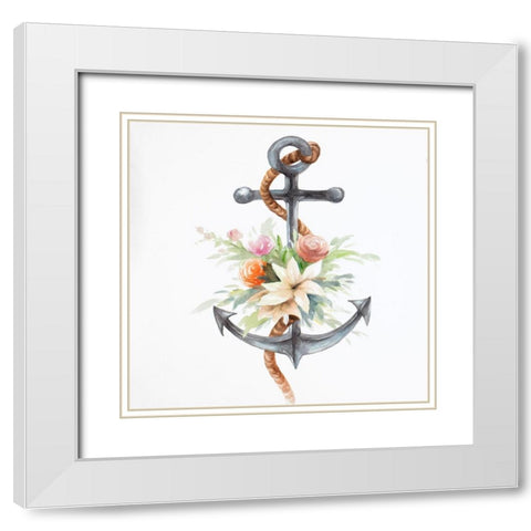 ANCHOR WITH FLOWERS White Modern Wood Framed Art Print with Double Matting by Atelier B Art Studio