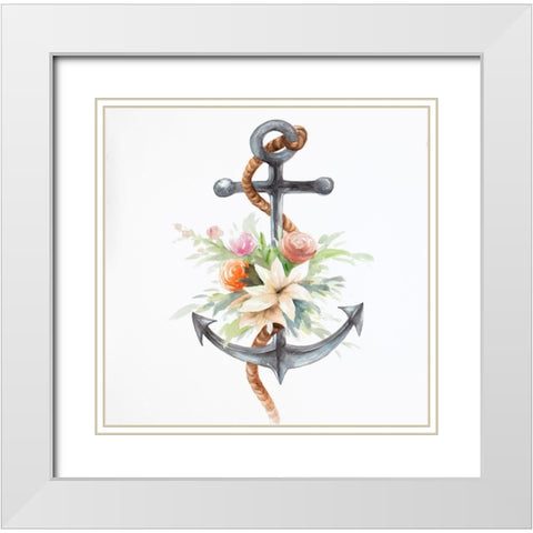 ANCHOR WITH FLOWERS White Modern Wood Framed Art Print with Double Matting by Atelier B Art Studio