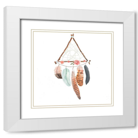 TRIANGULAR DREAM CATCHER WITH ROSES AND FEATHERS White Modern Wood Framed Art Print with Double Matting by Atelier B Art Studio