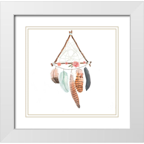 TRIANGULAR DREAM CATCHER WITH ROSES AND FEATHERS White Modern Wood Framed Art Print with Double Matting by Atelier B Art Studio