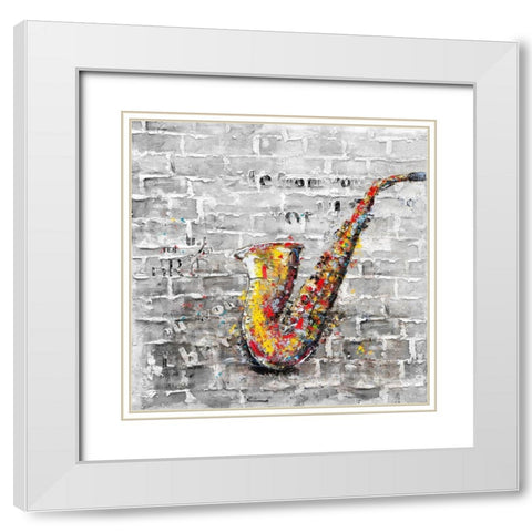 Graffiti of a saxophone on brick wall White Modern Wood Framed Art Print with Double Matting by Atelier B Art Studio