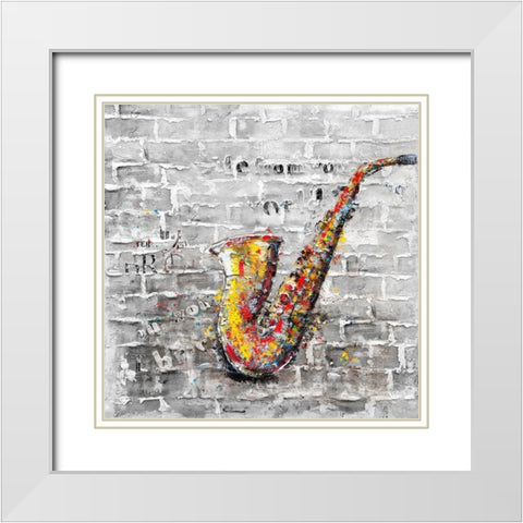 Graffiti of a saxophone on brick wall White Modern Wood Framed Art Print with Double Matting by Atelier B Art Studio