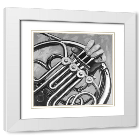 Musician with frech horn monochrome White Modern Wood Framed Art Print with Double Matting by Atelier B Art Studio