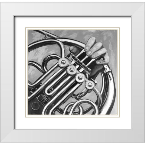 Musician with frech horn monochrome White Modern Wood Framed Art Print with Double Matting by Atelier B Art Studio